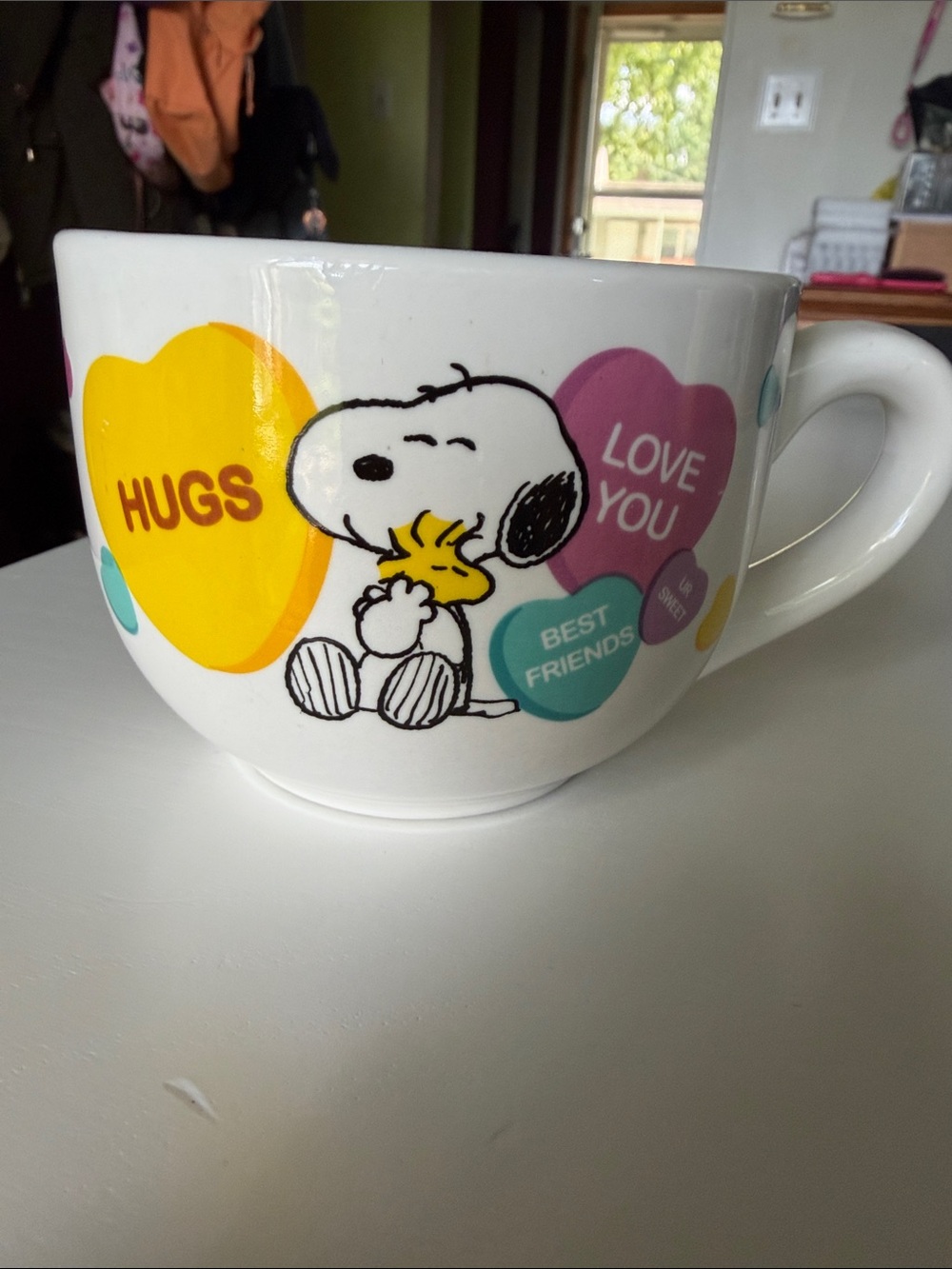Peanuts Ceramic Coffee Mug - White with Yellow & Pastel Candy Hearts